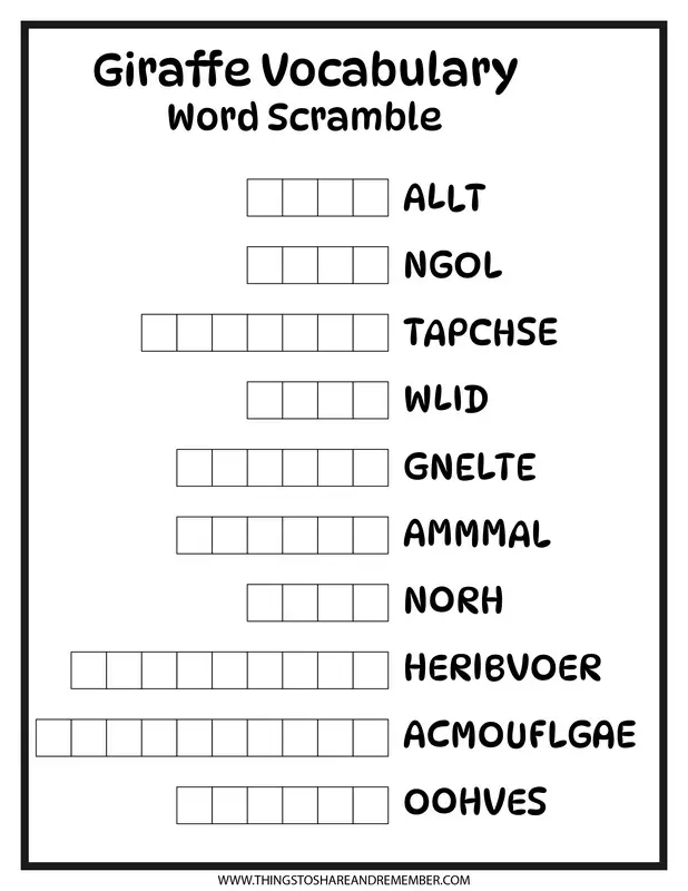 Giraffe vocabulary word scramble