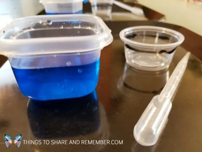 small blue square plastic container with blue water, a small plastic cup and pipette on a black tray -fine motor skills activity for toddler