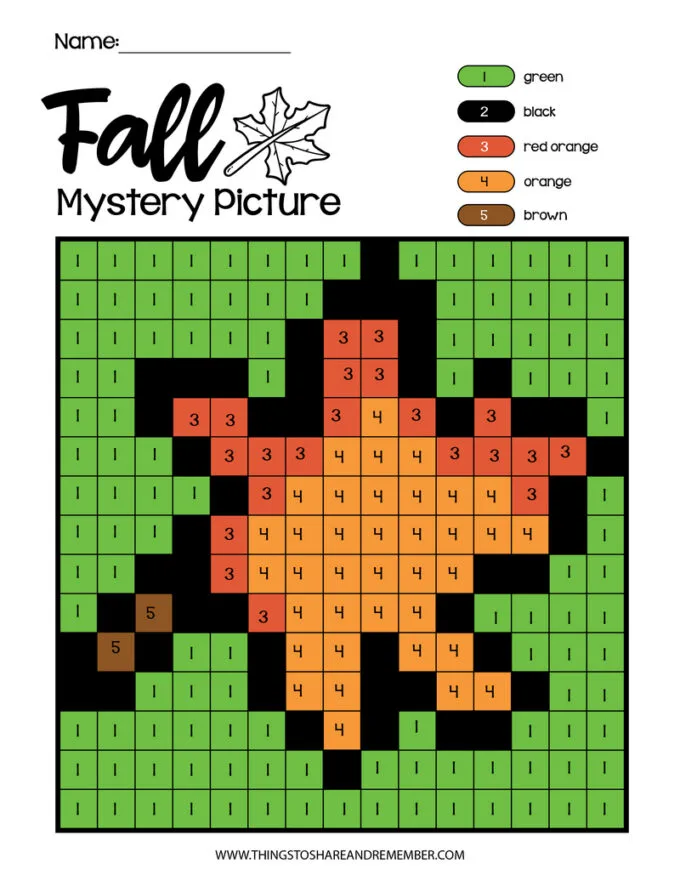 Fall Mystery Color By Number Pages leaf picture