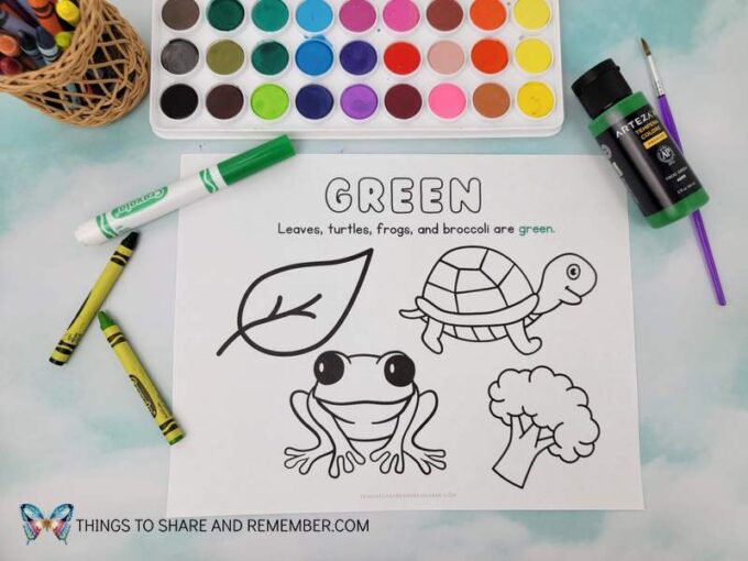 green coloring page featuring leaves, turtle, frog and broccoli