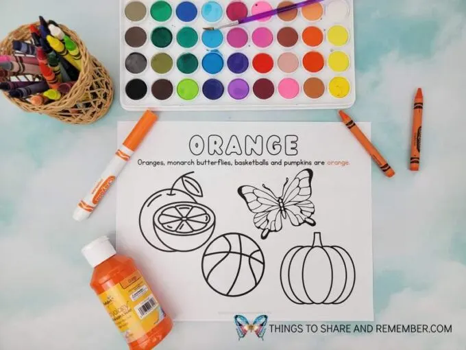 orange coloring page featuring an orange, pumpking, basketball and monarch butterfly