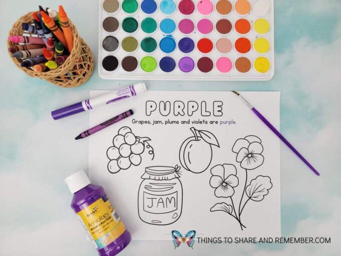 purple coloring page featuring grapes, jam, plum and violets 