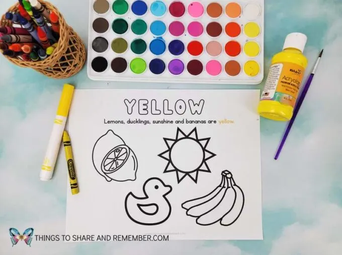 yellow coloring page featuring a lemon, ducky, sun and bananas