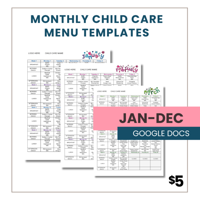 Editable monthly child care menu templates